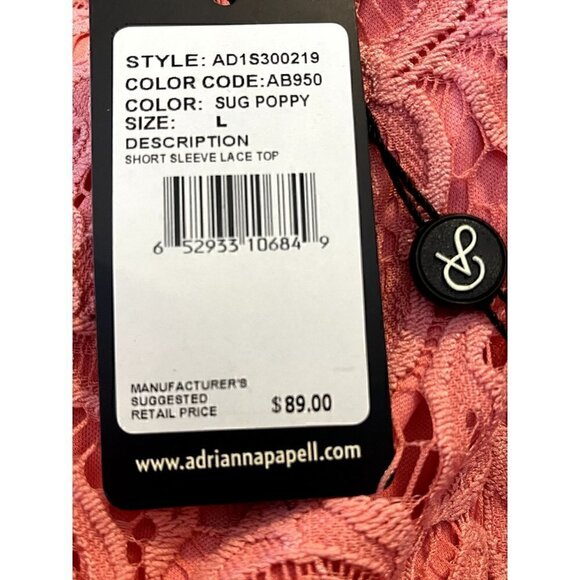 Women's Adrianna Papell Salmon Color Short Sleeve Lace Shirt, Top, Large - Picture 7 of 9
